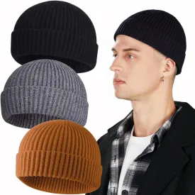 3PCS Short Fisherman Beanie Hat for Men Women, Wool Knit Cuff Winter Warm Hats