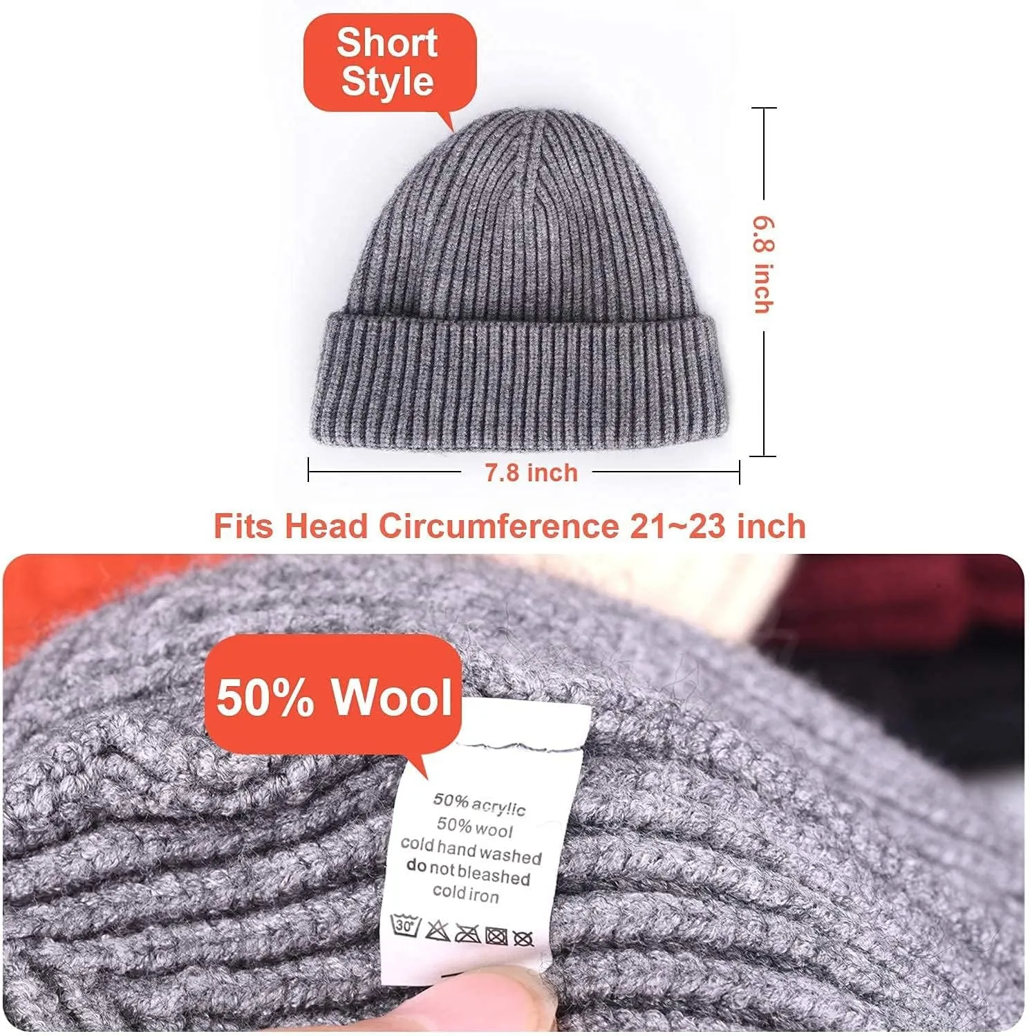3PCS Short Fisherman Beanie Hat for Men Women, Wool Knit Cuff Winter Warm Hats