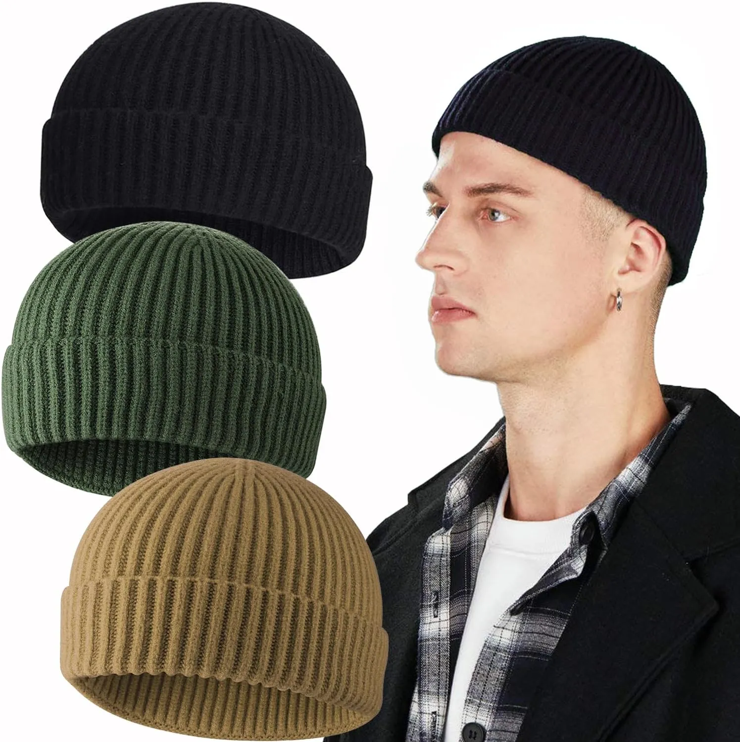 3PCS Short Fisherman Beanie Hat for Men Women, Wool Knit Cuff Winter Warm Hats