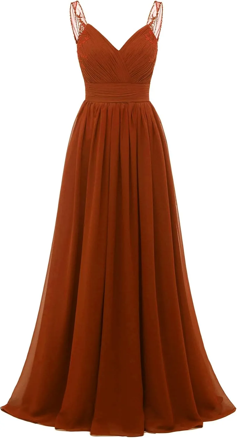 Chiffon Lace Bridesmaid Dresses Long for Women V Neck Pleated Tulle Straps A-Line Prom Evening Wedding Fomal Gowns