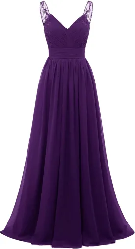 Chiffon Lace Bridesmaid Dresses Long for Women V Neck Pleated Tulle Straps A-Line Prom Evening Wedding Fomal Gowns
