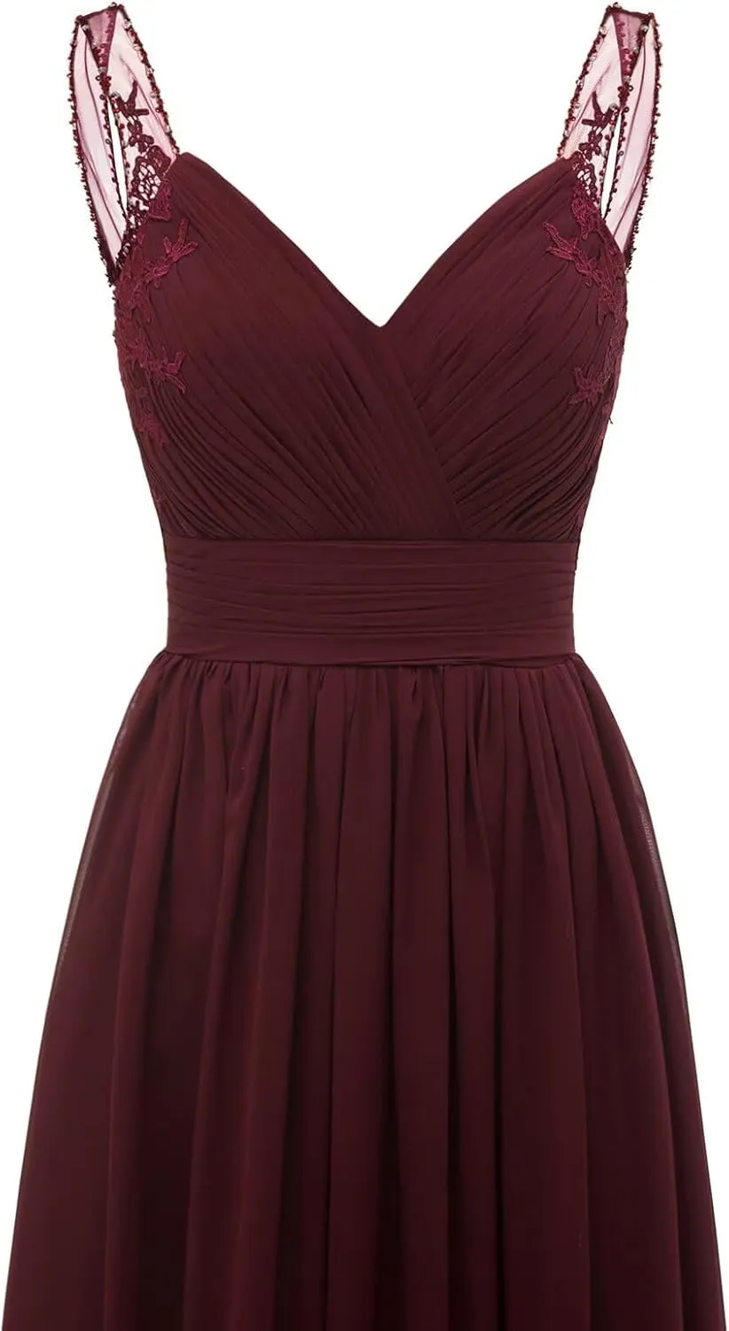 Chiffon Lace Bridesmaid Dresses Long for Women V Neck Pleated Tulle Straps A-Line Prom Evening Wedding Fomal Gowns