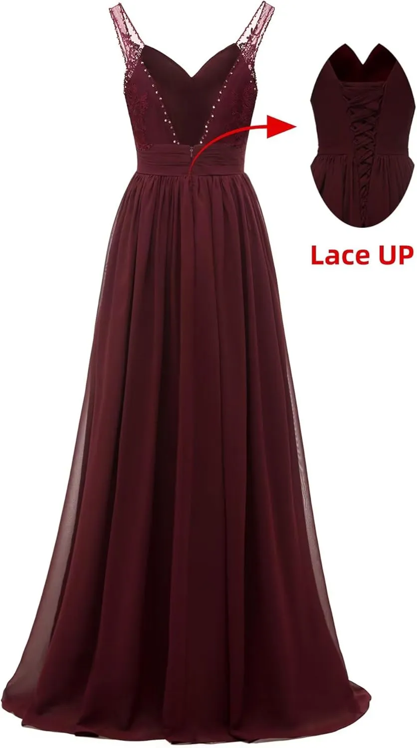 Chiffon Lace Bridesmaid Dresses Long for Women V Neck Pleated Tulle Straps A-Line Prom Evening Wedding Fomal Gowns