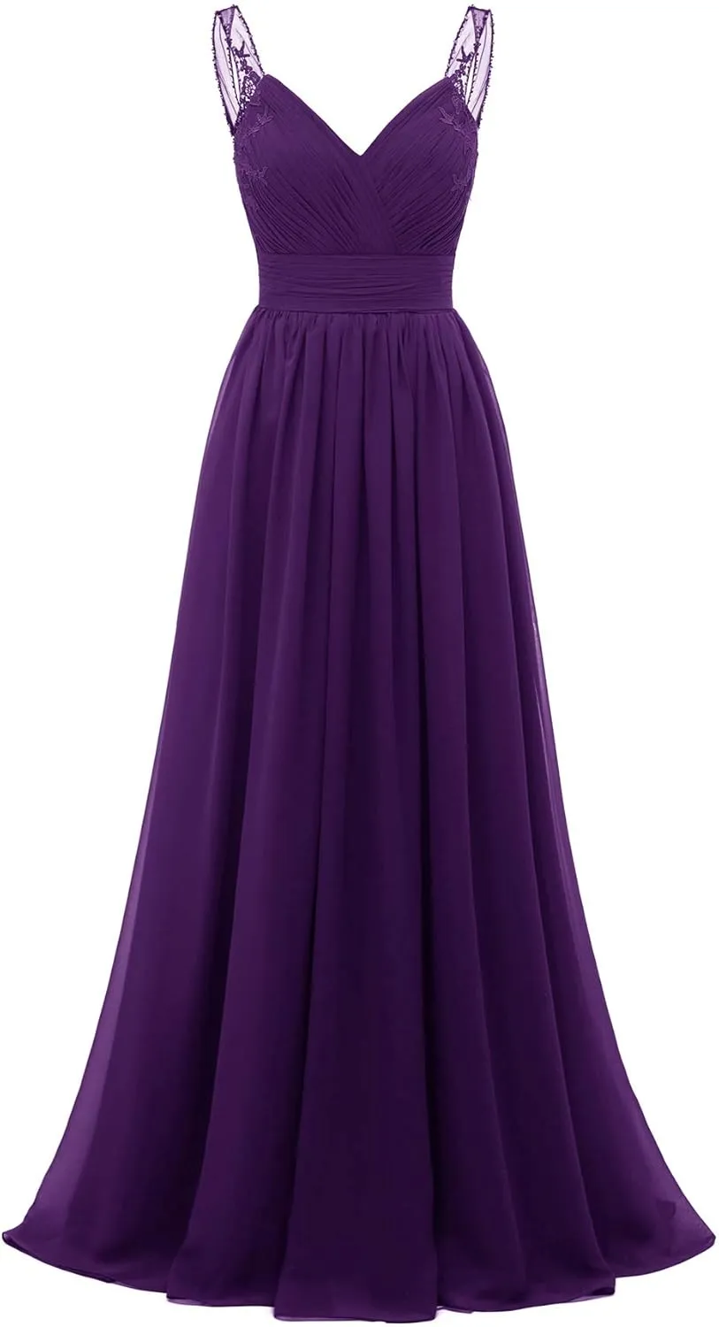 Chiffon Lace Bridesmaid Dresses Long for Women V Neck Pleated Tulle Straps A-Line Prom Evening Wedding Fomal Gowns