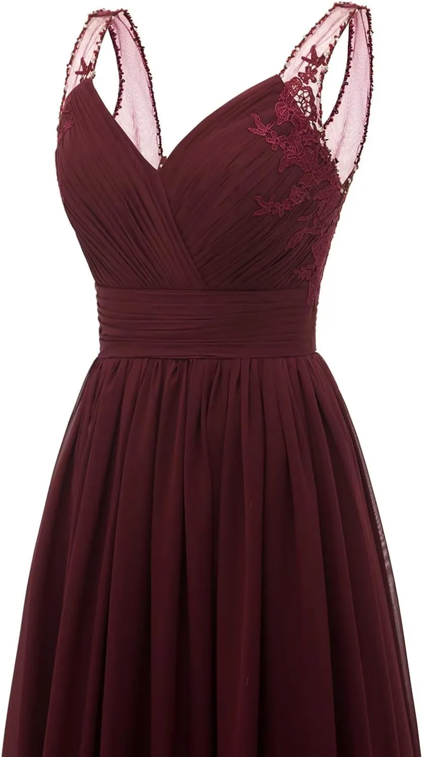 Chiffon Lace Bridesmaid Dresses Long for Women V Neck Pleated Tulle Straps A-Line Prom Evening Wedding Fomal Gowns