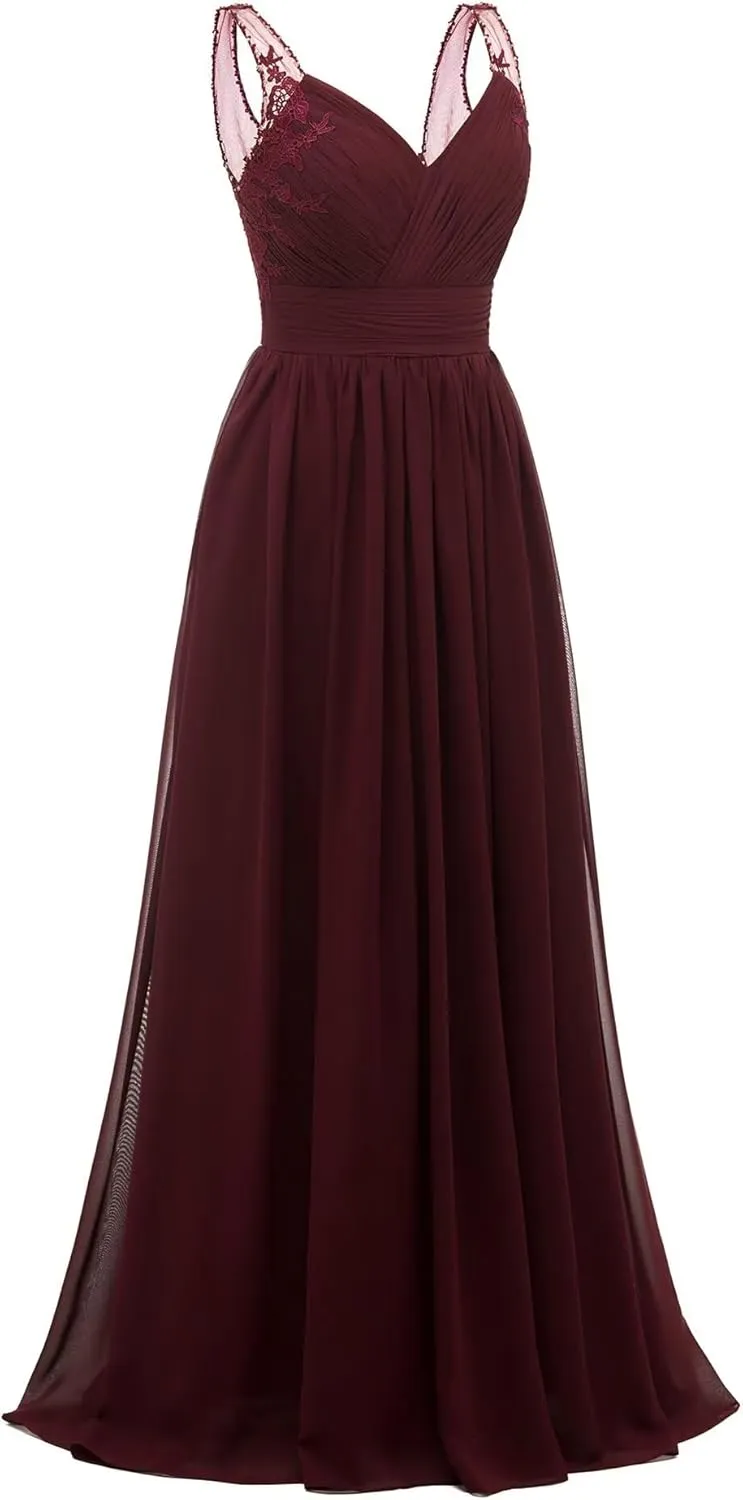 Chiffon Lace Bridesmaid Dresses Long for Women V Neck Pleated Tulle Straps A-Line Prom Evening Wedding Fomal Gowns