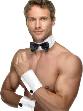 Collar Bow Tie & Cuff Set | Funny Waiter Outfit | Chippendale Costume | Skimpy Tuxedo Costume | Bow Tie and Cuff Set | White/Black | One Size
