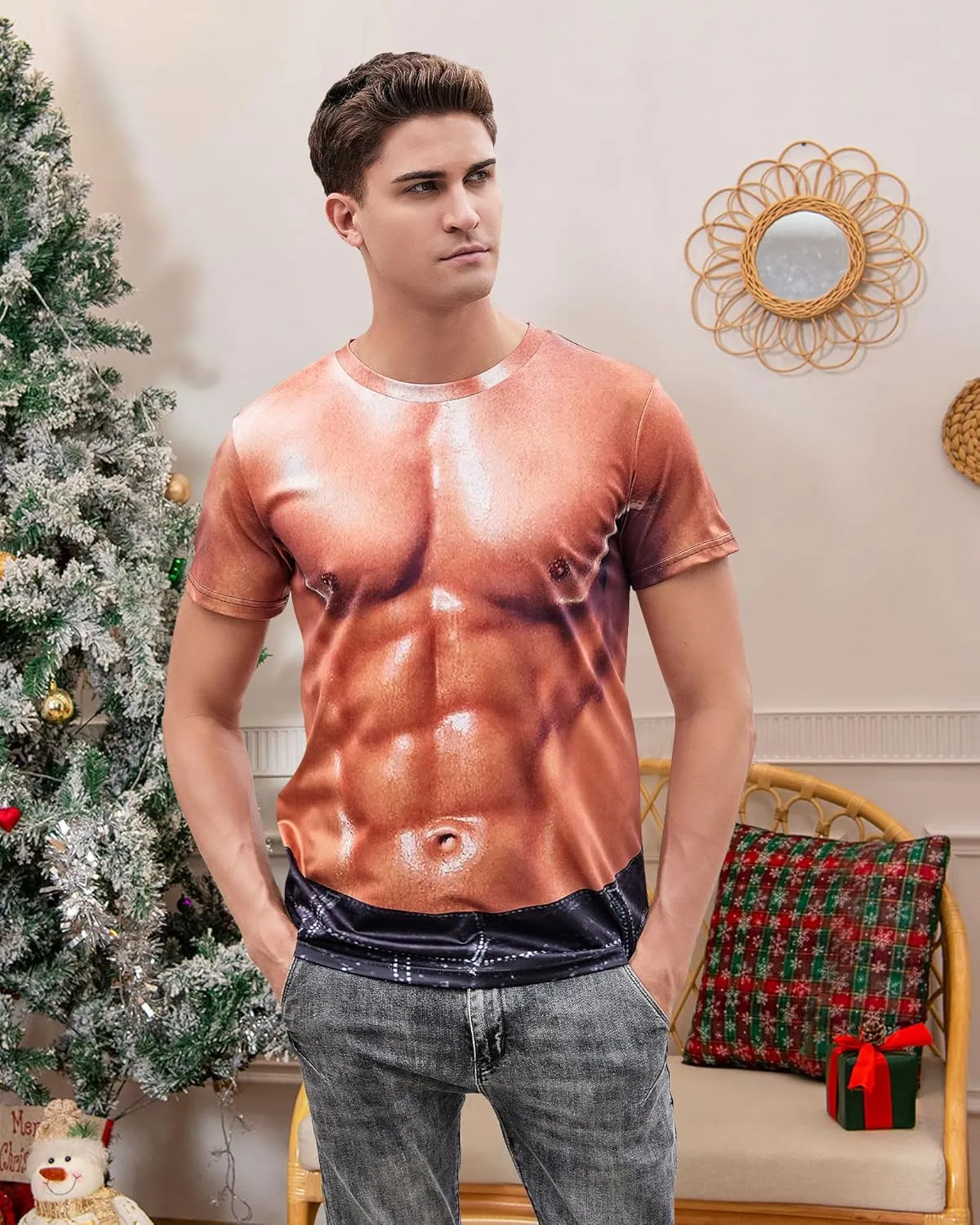 Goodstoworld Unisex 3D Fake Abs T Shirts Shredded Chest Printed Short Sleeve Costume Novelty Tees Shirt
