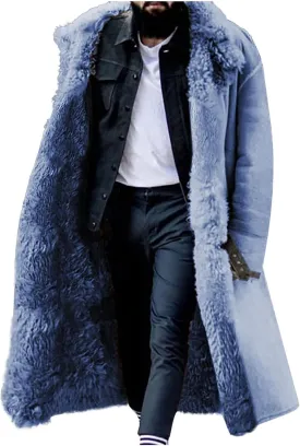 Men Faux Pu Leather Long Jackets Sherpa Fleece Lined Trench Coat Heavyweight Big and Tall Warm Outwear Coat