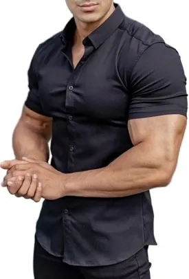 Mens Muscle Fit Dress Shirts Athletic Slim Fit Short Sleeve Stretch Casual Button Down Shirt