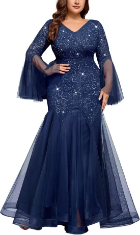 MISSMAY Women's Plus Size Sequins Lace V Neck Sheer Long Sleeves Tulle Mermaid Hem Formal Evening Party Dresses