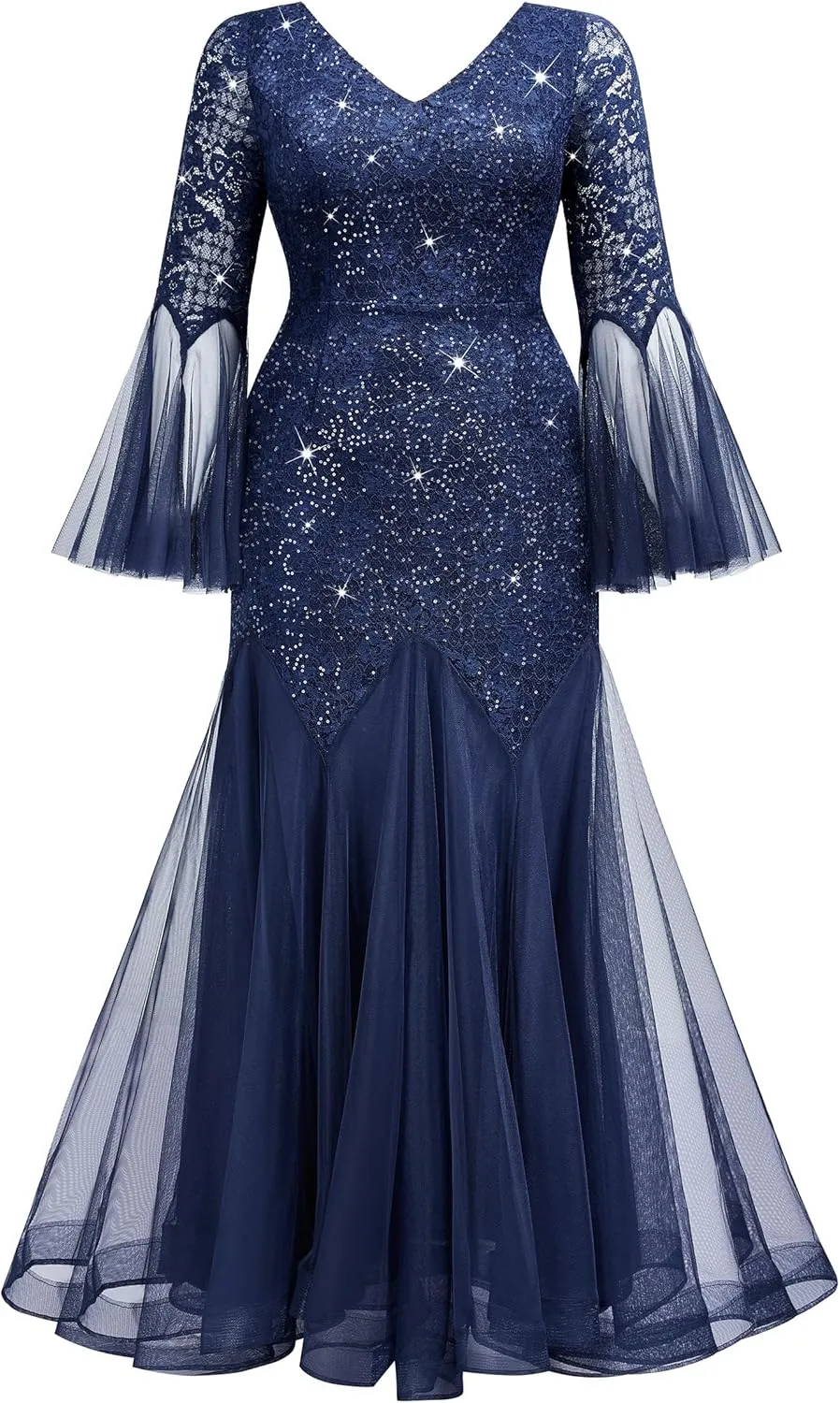 MISSMAY Women's Plus Size Sequins Lace V Neck Sheer Long Sleeves Tulle Mermaid Hem Formal Evening Party Dresses