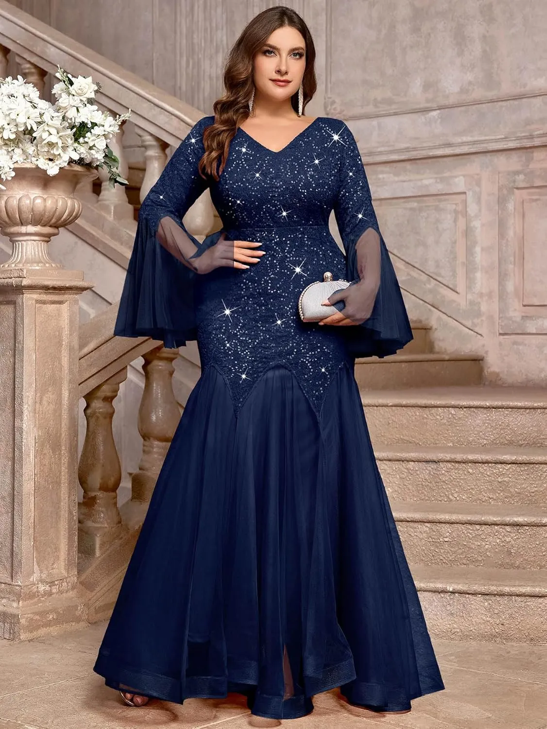 MISSMAY Women's Plus Size Sequins Lace V Neck Sheer Long Sleeves Tulle Mermaid Hem Formal Evening Party Dresses