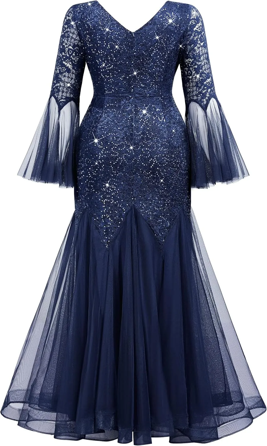MISSMAY Women's Plus Size Sequins Lace V Neck Sheer Long Sleeves Tulle Mermaid Hem Formal Evening Party Dresses
