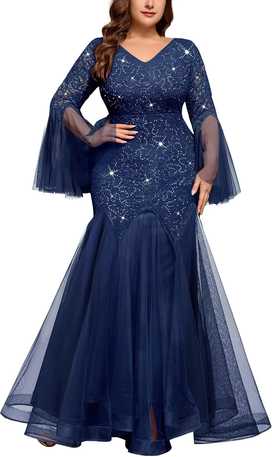 MISSMAY Women's Plus Size Sequins Lace V Neck Sheer Long Sleeves Tulle Mermaid Hem Formal Evening Party Dresses