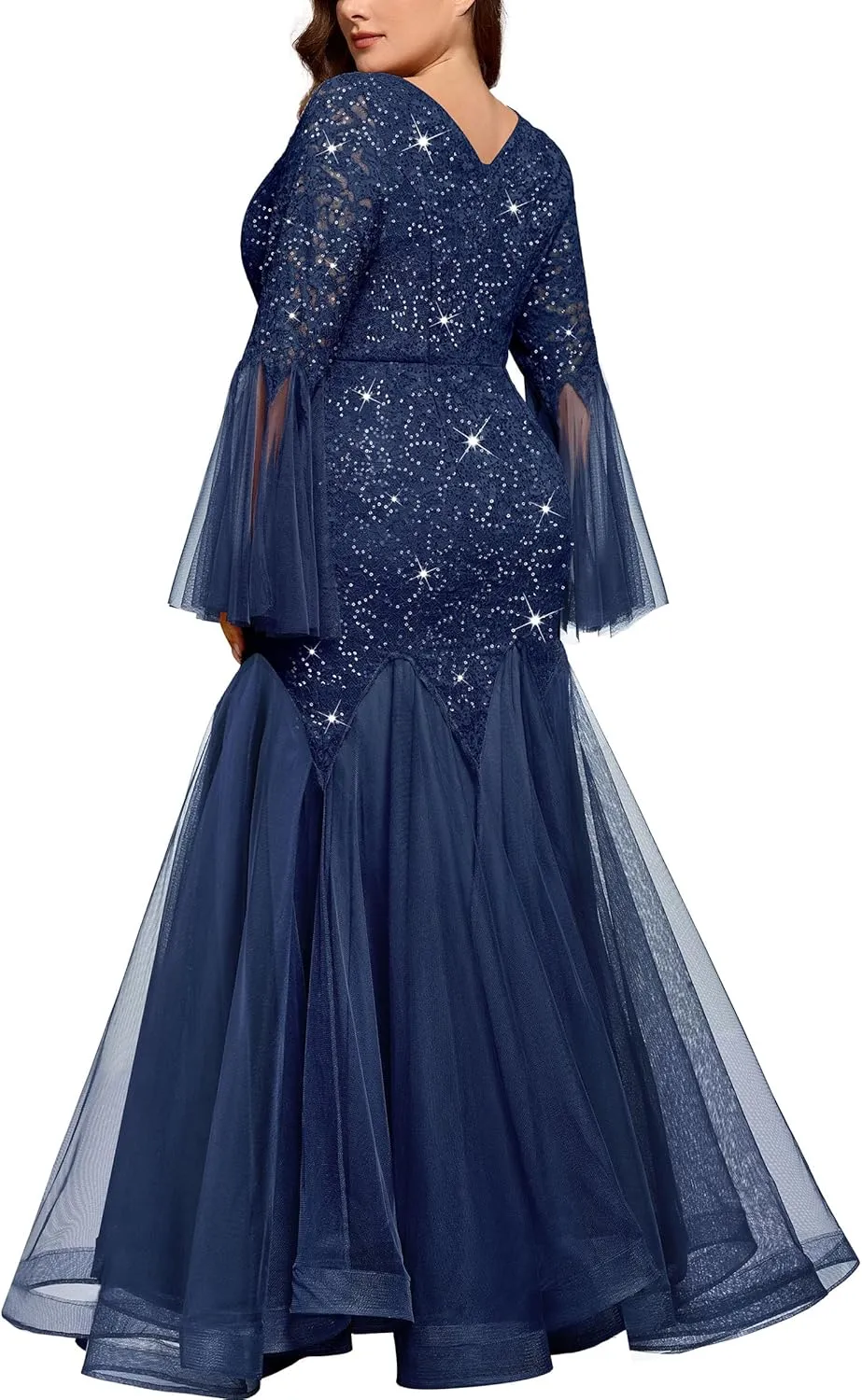 MISSMAY Women's Plus Size Sequins Lace V Neck Sheer Long Sleeves Tulle Mermaid Hem Formal Evening Party Dresses
