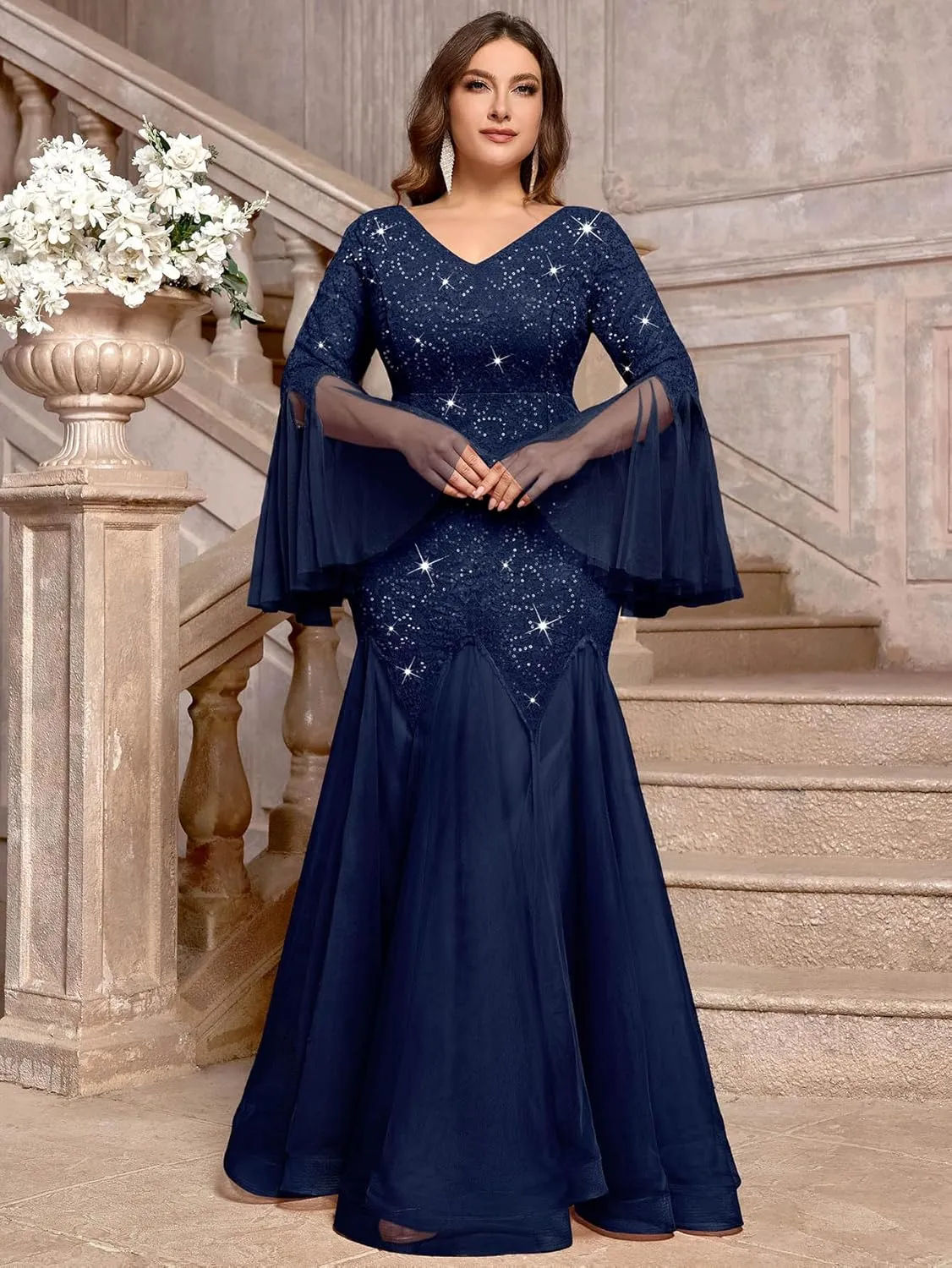 MISSMAY Women's Plus Size Sequins Lace V Neck Sheer Long Sleeves Tulle Mermaid Hem Formal Evening Party Dresses