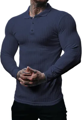 Muscle Cmdr Men's Cotton Muscle Shirts Slim Fit Business Casual Tee Long&Short Sleeve Ribbed Polo V Neck Shirt