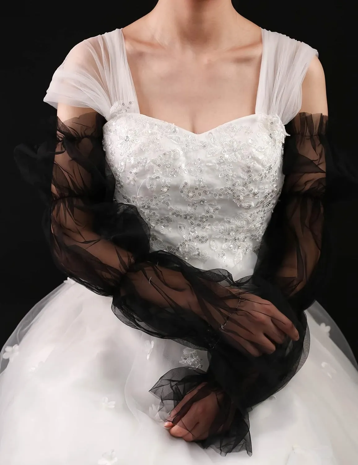 QRBTSCL Women's Long Tulle Gloves Lace Semi Sheer Puffy Sleeves Fingerless Gloves Sunscreen Dress Costume Accessory