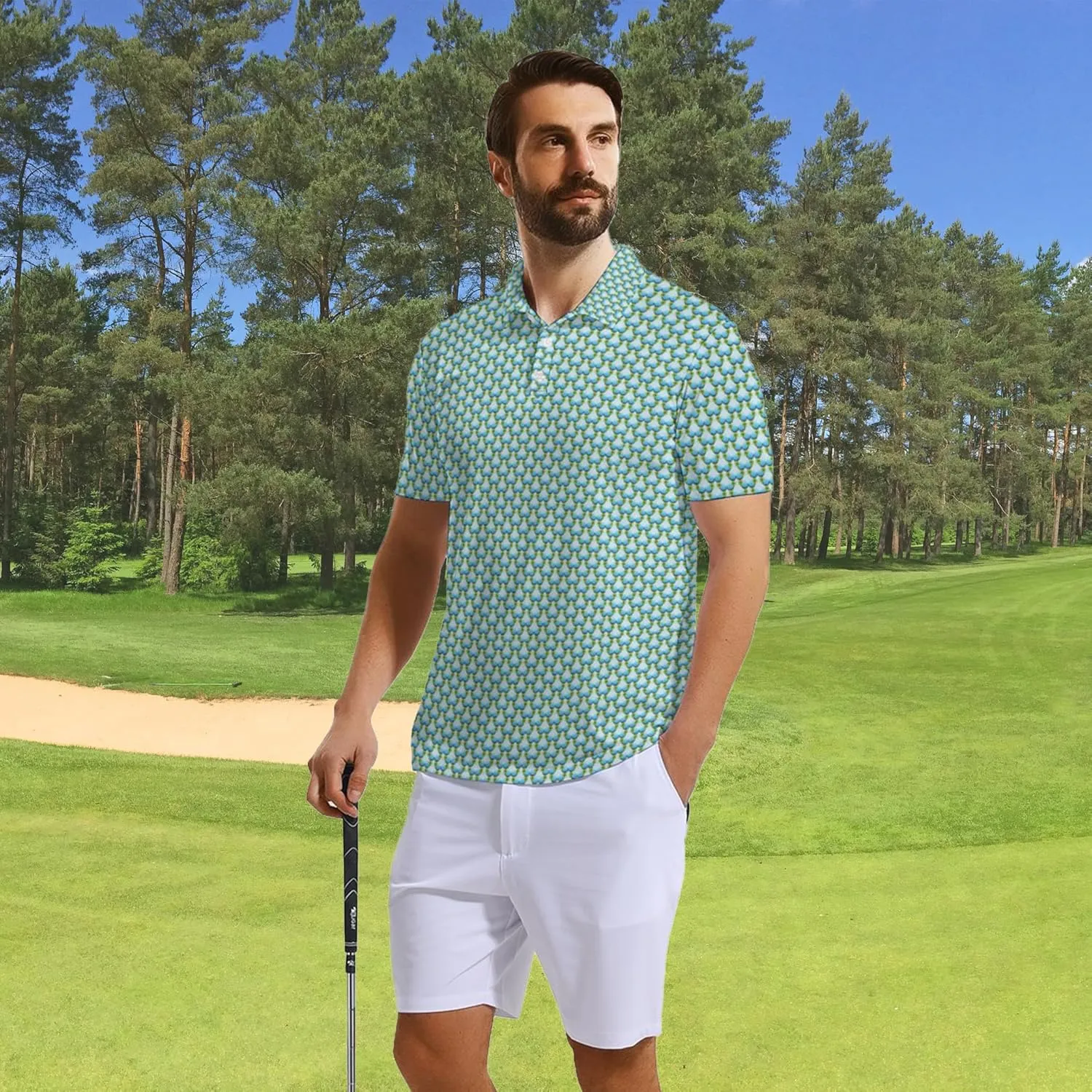 SKYNORA Golf Shirts for Men, Polo Shirts Short Sleeve Moisture Wicking Quick Dry Performance Print Golf Polo Shirts for Men