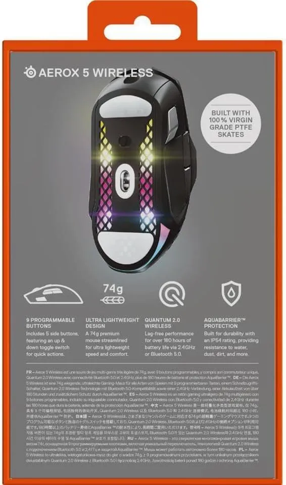 SteelSeries Aerox 5 Wireless - Holey RGB Gaming Mouse - Ultra-lightweight Water Resistant Design - 9 Buttons  Bluetooth/2.4 GHz - 18K DPI TrueMove Air Optical Sensor