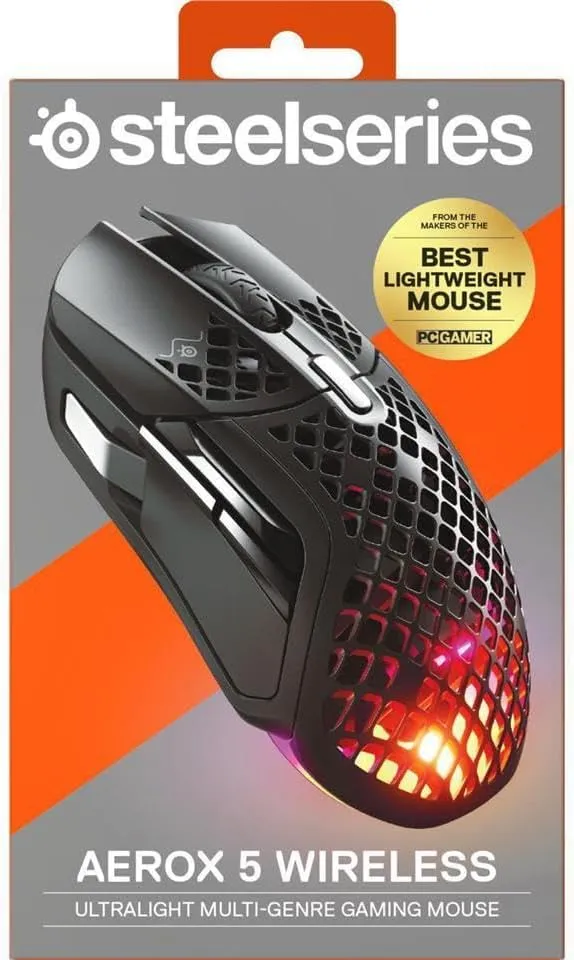 SteelSeries Aerox 5 Wireless - Holey RGB Gaming Mouse - Ultra-lightweight Water Resistant Design - 9 Buttons  Bluetooth/2.4 GHz - 18K DPI TrueMove Air Optical Sensor
