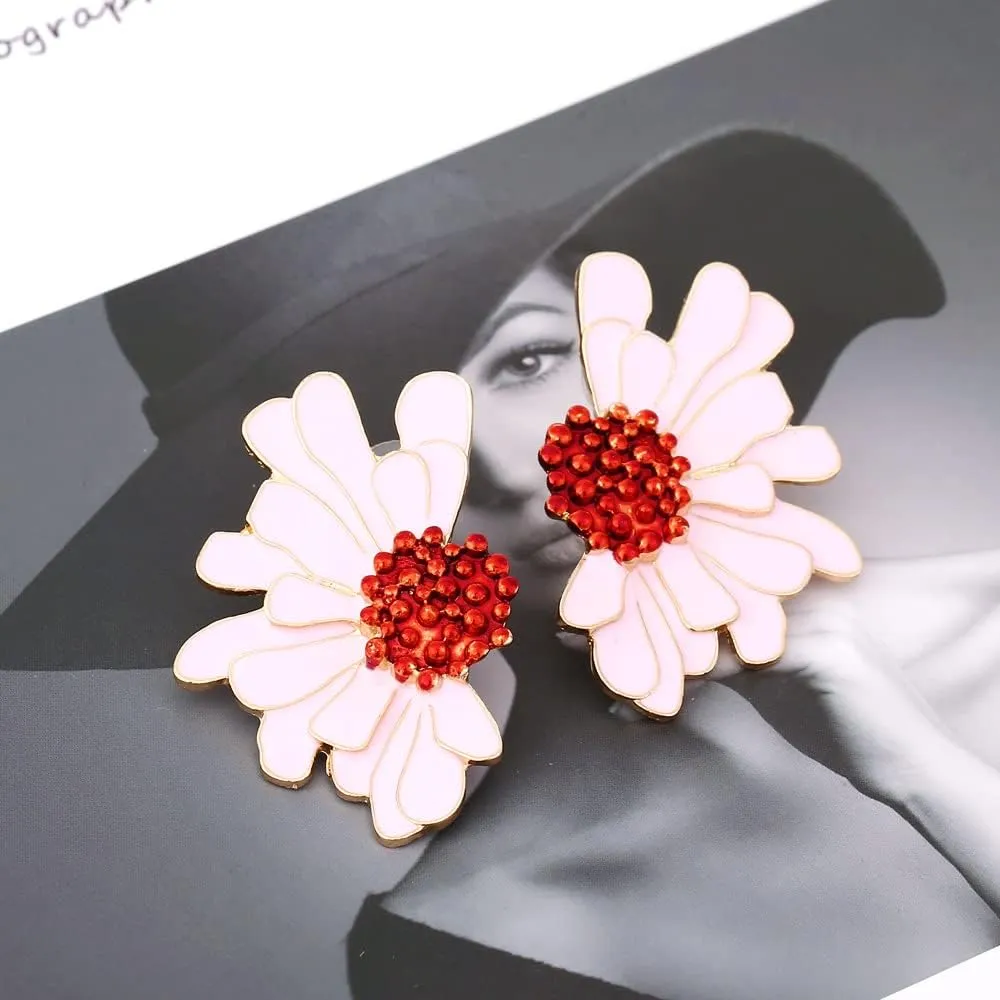 Vintage Flower Earrings Exaggerated Double Daisy Flower Floral Earrings Enamel Flower Stud Earrings Jewelry for Women