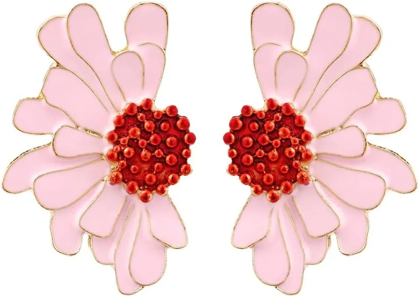 Vintage Flower Earrings Exaggerated Double Daisy Flower Floral Earrings Enamel Flower Stud Earrings Jewelry for Women