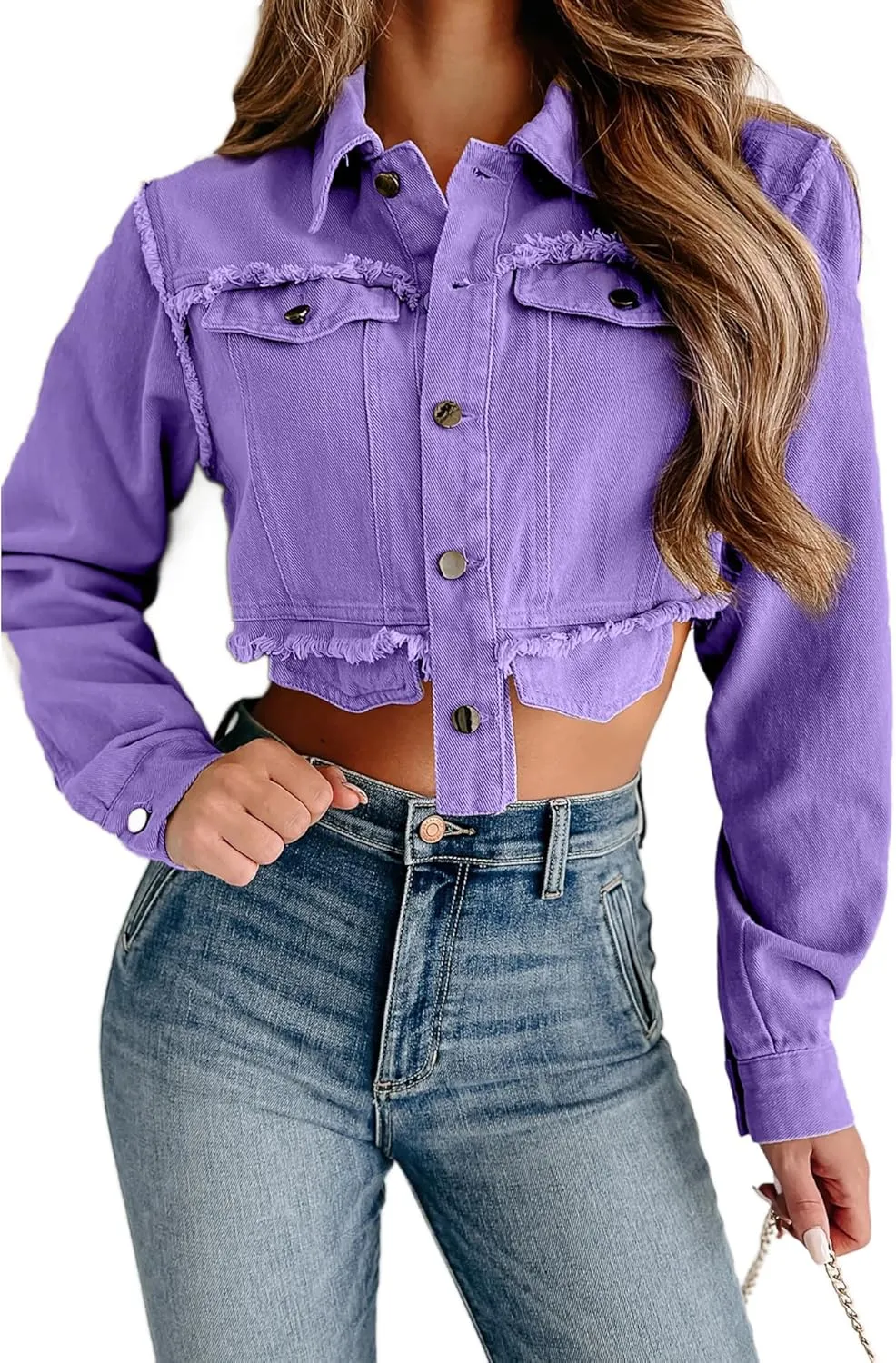 VOIKERDR Cropped Jean Jacket for Women Long Sleeve Knotted Button Down Denim Shirt Sexy Streetwear