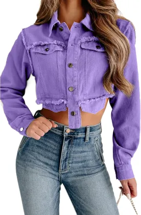 VOIKERDR Cropped Jean Jacket for Women Long Sleeve Knotted Button Down Denim Shirt Sexy Streetwear