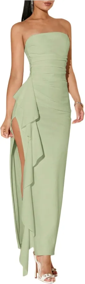 WDIRARA Women's Ruffle High Split Strapless Bodycon Dress Cocktail Wedding Party Maxi Dresses