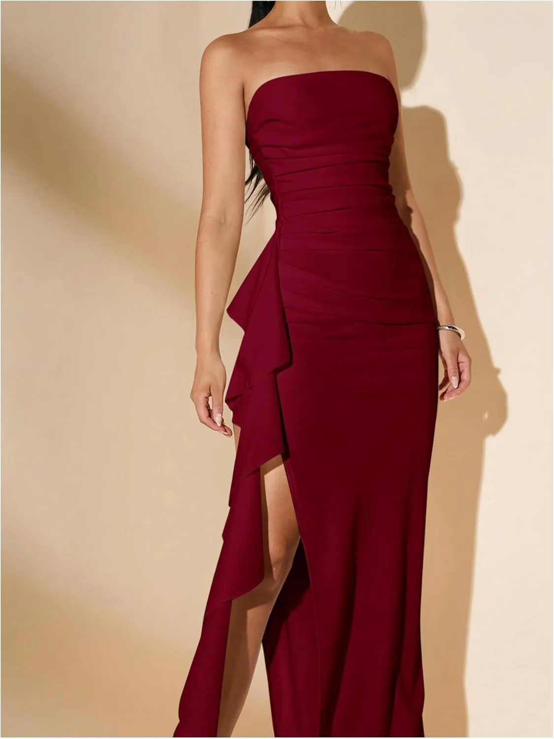 WDIRARA Women's Ruffle High Split Strapless Bodycon Dress Cocktail Wedding Party Maxi Dresses