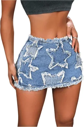 WDIRARA Women's Star Pattern Ripped Raw Hem Bodycon Pencil Skirts Slim Fit Y2K Cheeky Denim Hip Skirt