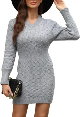 Women's 2024 Fall Sweater Dress Long Sleeve V Neck Cable Knit Chunky Bodycon Pullover Jumper Sweaters Short Dress