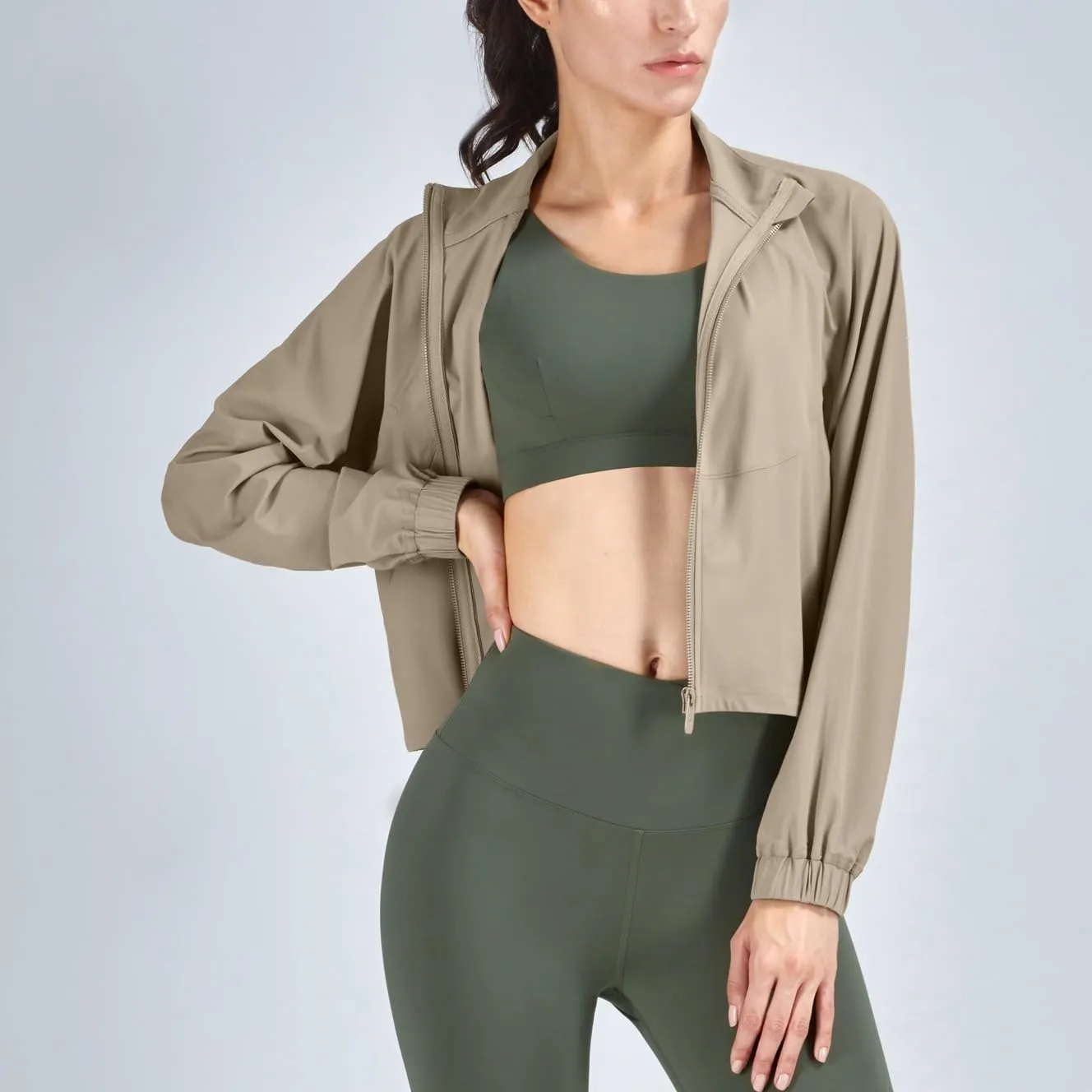 Women's Cropped Lightweight Running Track Jackets ZIP UP UPF 50  Long Sleeve Sun Protection Athletic Tops