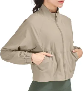 Women's Cropped Lightweight Running Track Jackets ZIP UP UPF 50  Long Sleeve Sun Protection Athletic Tops