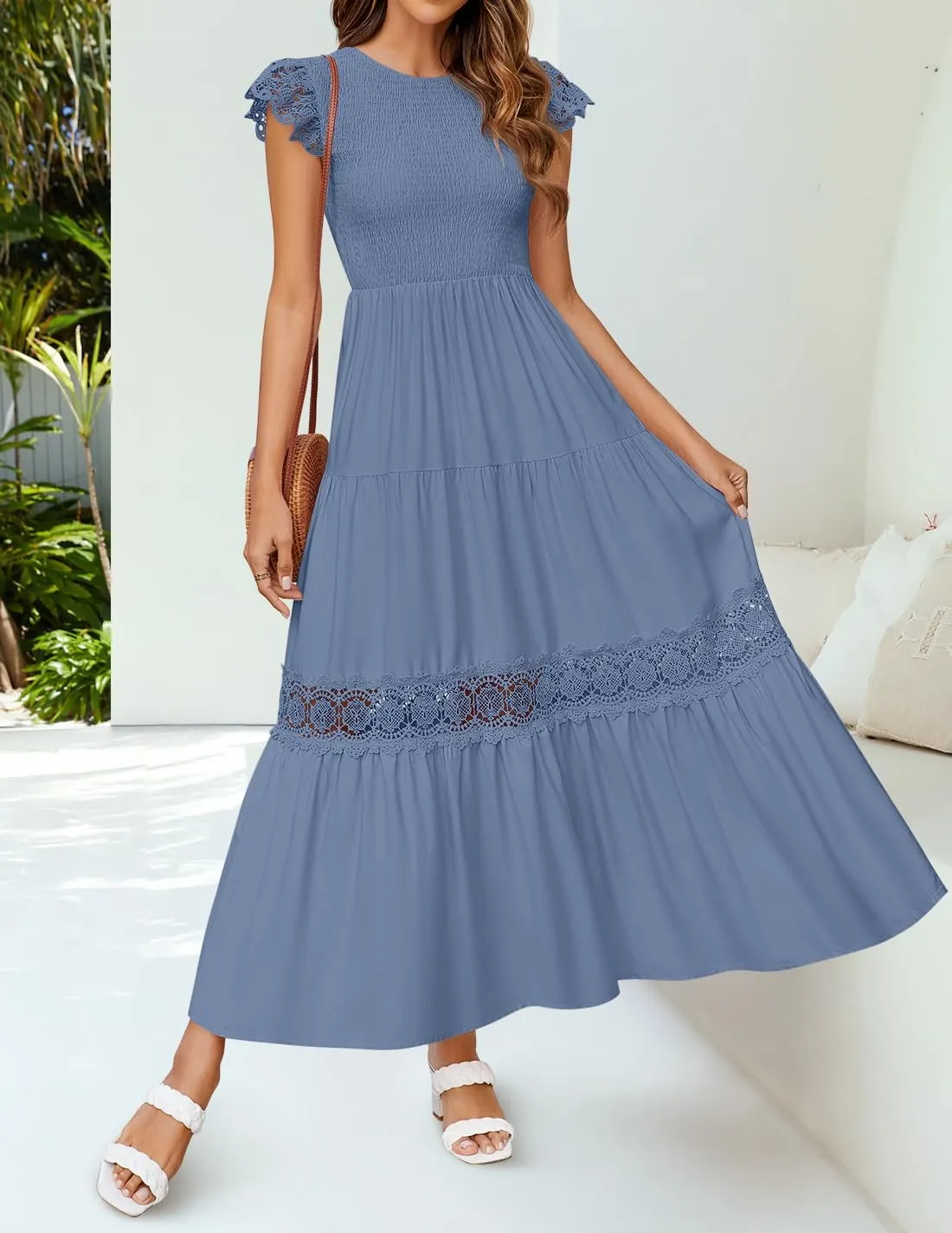 ZESICA Women's Casual Crew Neck Flutter Sleeve Smocked High Waist Hollow Out Lace Trim Tiered A Line Midi Dress