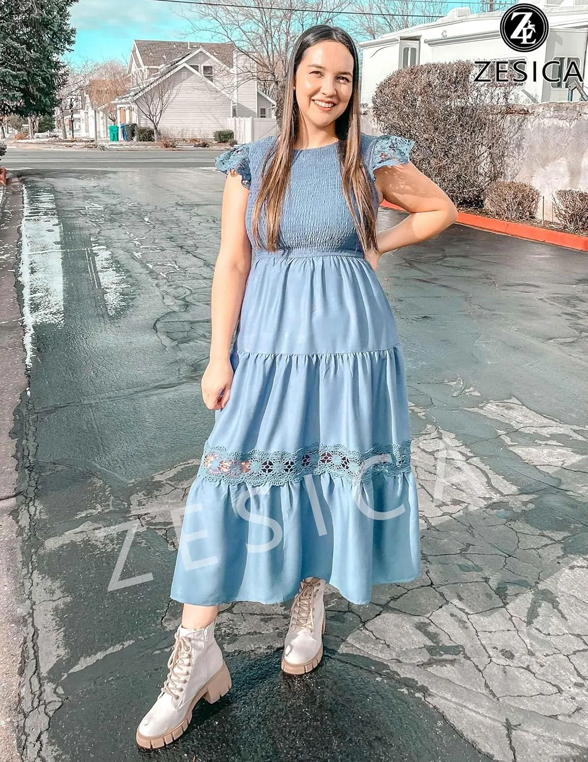 ZESICA Women's Casual Crew Neck Flutter Sleeve Smocked High Waist Hollow Out Lace Trim Tiered A Line Midi Dress