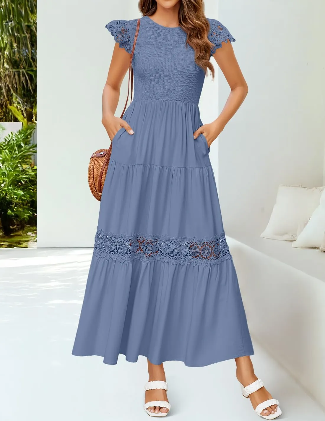 ZESICA Women's Casual Crew Neck Flutter Sleeve Smocked High Waist Hollow Out Lace Trim Tiered A Line Midi Dress
