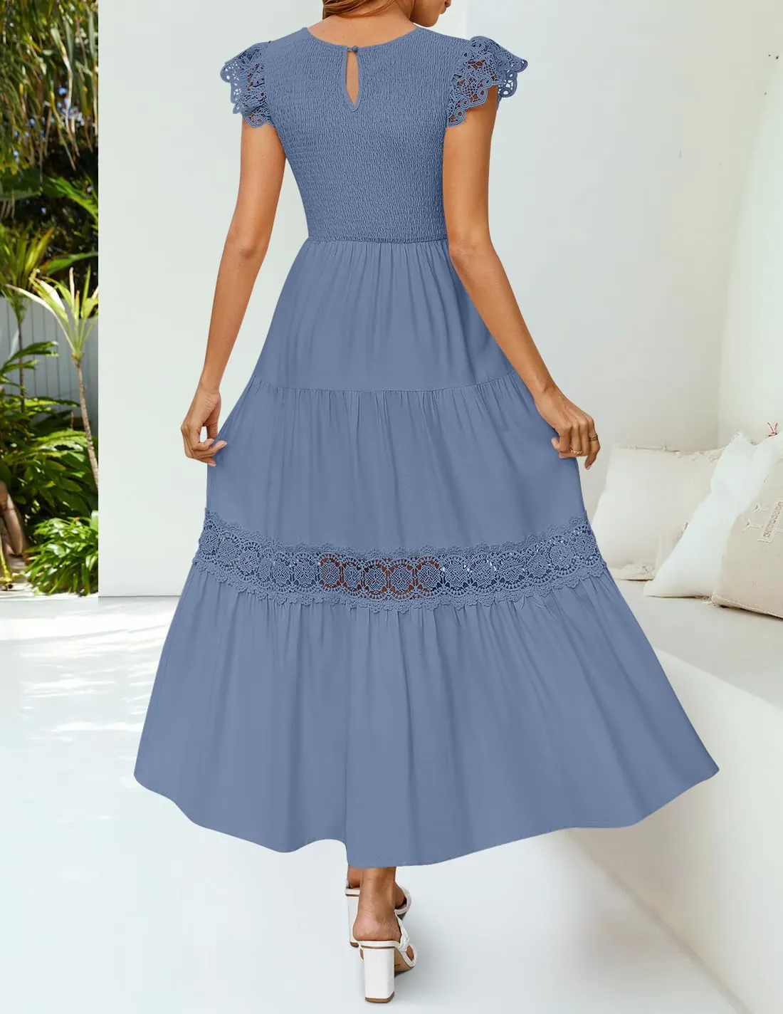 ZESICA Women's Casual Crew Neck Flutter Sleeve Smocked High Waist Hollow Out Lace Trim Tiered A Line Midi Dress