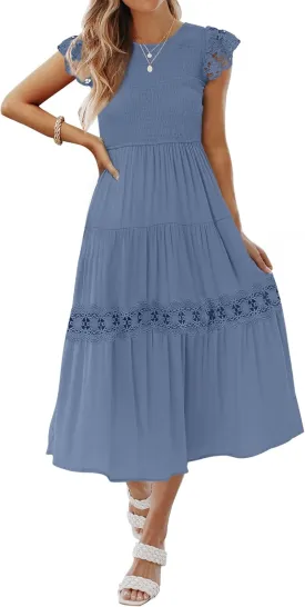 ZESICA Women's Casual Crew Neck Flutter Sleeve Smocked High Waist Hollow Out Lace Trim Tiered A Line Midi Dress